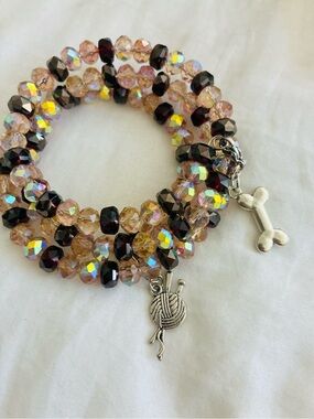 Iridescent Peach & Dark Garnet Beaded Wrap Bracelet with Charms